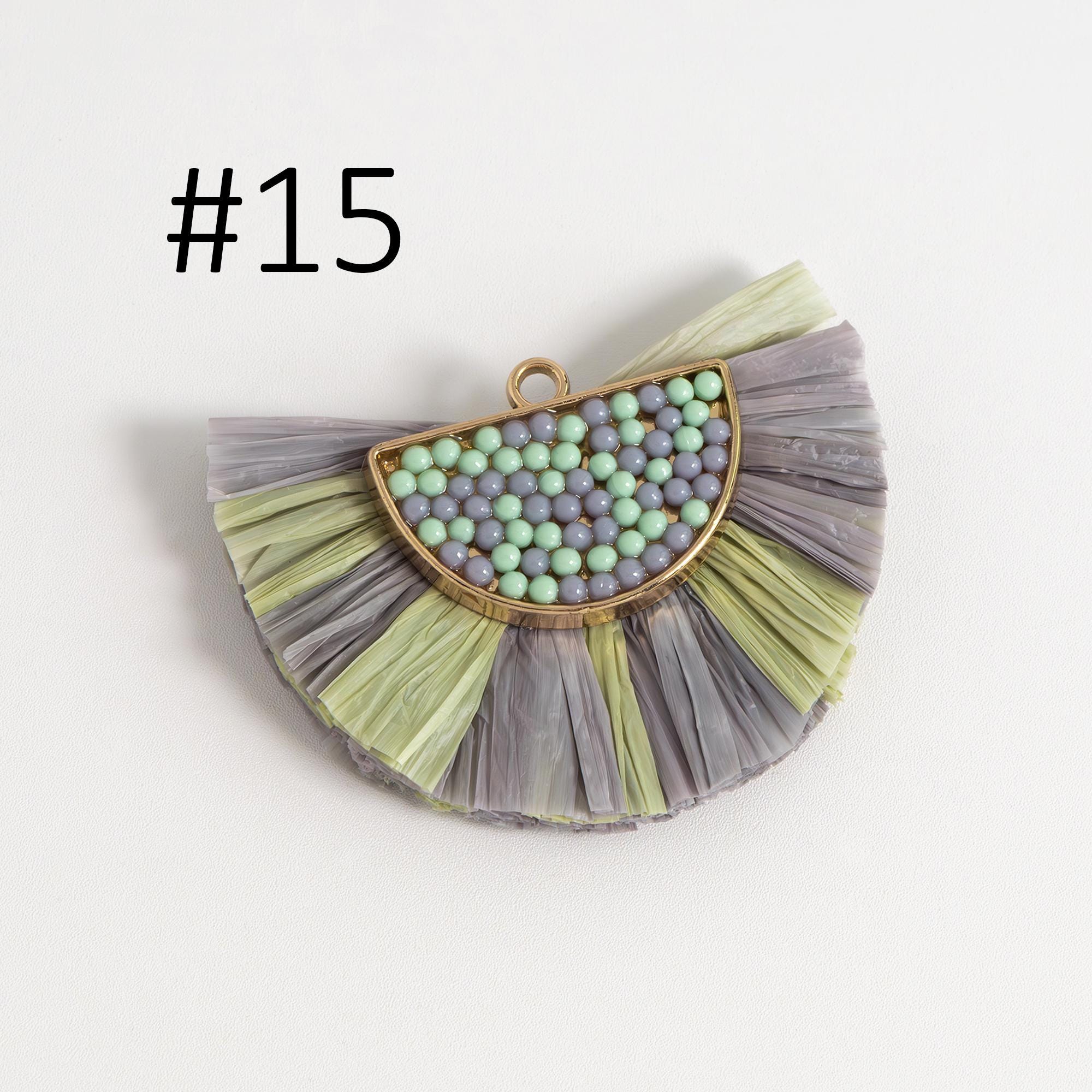 4pcs Fan Tassel Pendants 44x34mm, Beaded Raffia Tassel Charms for Earrings (FB-017)